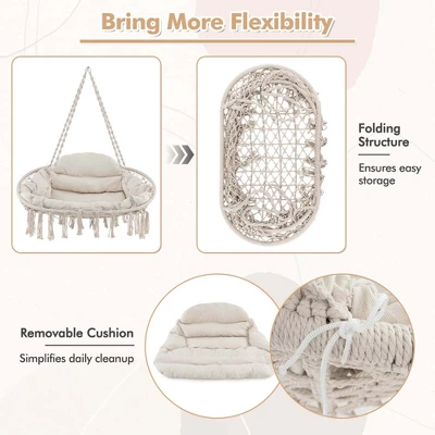 Costway Swing Chair Hand-Woven Rope Hanging Chair With Thick Cushion & Folding Metal Frame 6 Costway Swing Chair Hand-Woven Rope Hanging Chair With Thick Cushion & Folding Metal Frame - Image 4