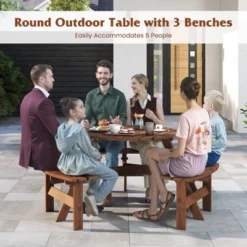 Costway 6-Person Round Picnic Table Set With 3 Built-in Benches 2" Umbrella Hole, Brown/Yellow -Costway GUEST 4f39f1ca aaca 41e1 beb2 d7473b81ed8a