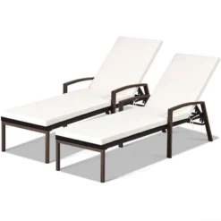 Costway 2PCS Patio Rattan Lounge Chair Chaise Recliner Back Adjustable Cushioned Garden Brown