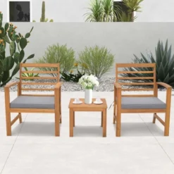 Costway 3 PCS Outdoor Furniture Set Acacia Wood Conversation Set With Soft Seat Cushions White/Grey/Navy -Costway GUEST 50c2030a 8294 429a 9a6c 24c162ddeb53