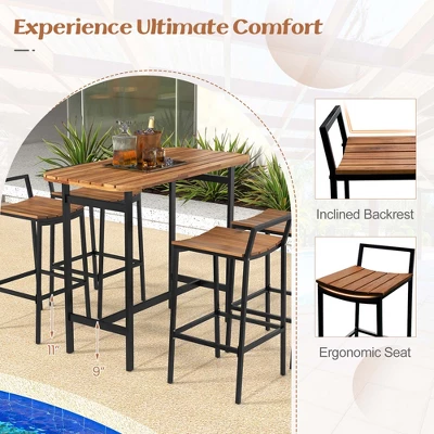Costway 5 PCS Acacia Wood Bar Table Set Outdoor Bar Height Table & Chairs With Metal Frame 9 Costway 5 PCS Acacia Wood Bar Table Set Outdoor Bar Height Table & Chairs With Metal Frame - Image 7