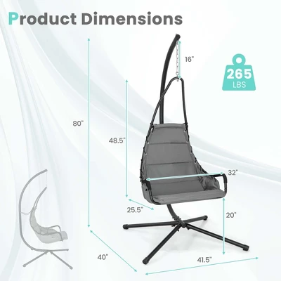 Costway Swing Chair With Stand Extra-wide And Cushioned Seat Outdoor Indoor Hanging Chair Grey/Beige 4 Costway Swing Chair With Stand Extra-wide And Cushioned Seat Outdoor Indoor Hanging Chair Grey/Beige - Image 2