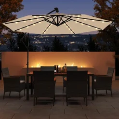 Costway 10 FT Solar Offset Hanging Umbrella Patio Cantilever Umbrella With 32 LED Lights Brown/Turquoise/Beige/Gray/Red