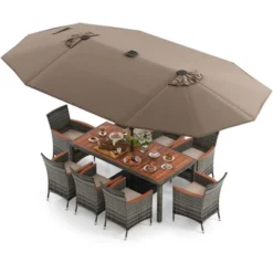 Costway 11 PCS Patio Dining Set With 15 Ft Double-Sided Patio Umbrella 8 Armchairs Blue/Beige/Orange/Wine