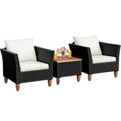 Costway 3 PCS Outdoor Patio Rattan Bistro Furniture Set Wooden Table Top Cushioned Sofa Black Brown -Costway GUEST 56055d9d a46f 4947 a4a9 9f9b901bbc66