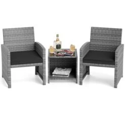 Costway 3 PCS Patio Furniture Set With Tempered Glass Coffee Table & Soft Seat Cushions Gray/Black/White