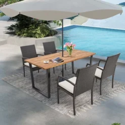 Costway 5 PCS Patio Rattan Dining Set Acacia Wood Table 4 Wicker Chairs With Umbrella Hole