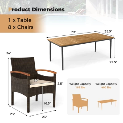 Costway 9 PCS Patio PE Wicker Dining Set With Cushions And 1.9" Umbrella Hole For Deck 4 Costway 9 PCS Patio PE Wicker Dining Set With Cushions And 1.9" Umbrella Hole For Deck - Image 2