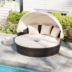 Costway Patio Round Daybed PE Rattan Cushioned Sectional Seating With Retractable Canopy