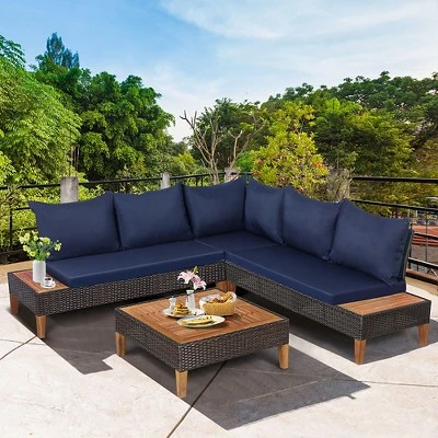 Costway 4PCS Patio Rattan Furniture Set Cushioned Loveseat W/Wooden Side Table 10 Costway 4PCS Patio Rattan Furniture Set Cushioned Loveseat W/Wooden Side Table - Image 8