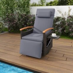 Costway Outdoor 360° Swivel Rattan Recliner Chair Patio Wicker Chaise Lounge Chair Beige/Navy -Costway GUEST 5a94810b a2e4 4645 ac5e 17470c3241e8