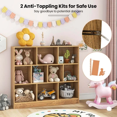 Costway 10-Cube Bookcase For Kids 41"Wooden Toy Storage Organizer For Kid’s Room White/Natural 9 Costway 10-Cube Bookcase For Kids 41"Wooden Toy Storage Organizer For Kid’s Room White/Natural - Image 7