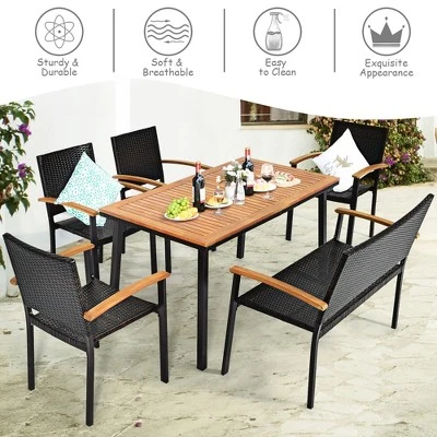 Costway 6 PCS Patio Rattan Dining Set Acacia Wood Table Stackable Chair Bench 5 Costway 6 PCS Patio Rattan Dining Set Acacia Wood Table Stackable Chair Bench - Image 3