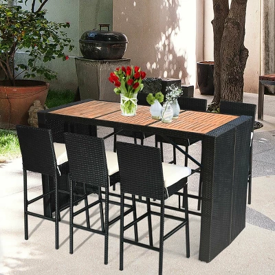COSTWAY 7 PCS Patio Rattan Wicker Bar Dining Furniture Set Wood Table Top 6 Stools 5 COSTWAY 7 PCS Patio Rattan Wicker Bar Dining Furniture Set Wood Table Top 6 Stools - Image 3