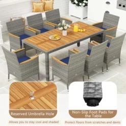 Costway 9 PCS Patio Dining Set For 8 Table And PE Rattan Chairs With 2" Umbrella Hole Navy/White -Costway GUEST 5ce6870c c402 4c81 8269 641fe231d599