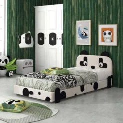 Costway Twin Size Kids Bed Toddler Upholstered Low Profile Bed Frame With Panda Headboard