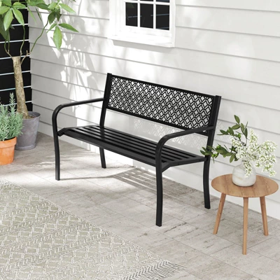 Costway 50" Outdoor Garden Bench With Geometric Lattice Backrest Armrests And Slatted Seat Black/Gray 5 Costway 50" Outdoor Garden Bench With Geometric Lattice Backrest Armrests And Slatted Seat Black/Gray - Image 3