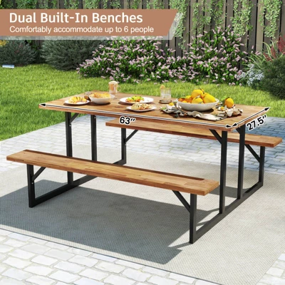 Costway 6-Person Acacia Wood Picnic Table With 2 Built-In Benches Umbrella Hole Metal Frame 7 Costway 6-Person Acacia Wood Picnic Table With 2 Built-In Benches Umbrella Hole Metal Frame - Image 5