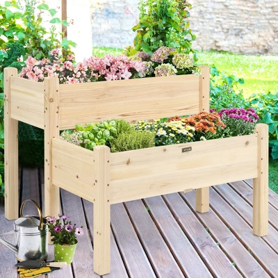 Costway 2 Tier Wooden Raised Garden Bed Elevated Planter Box W/Legs Drain Holes 4 Costway 2 Tier Wooden Raised Garden Bed Elevated Planter Box W/Legs Drain Holes - Image 2