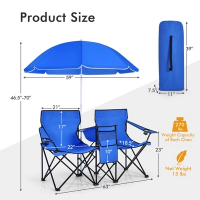 Costway Portable Folding Picnic Double Chair W/Umbrella Table Cooler Beach Camping Chair 3 Costway Portable Folding Picnic Double Chair W/Umbrella Table Cooler Beach Camping Chair