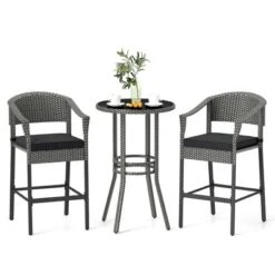 Costway 3-Piece Patio Rattan Bar Set Wicker Bar Height Armchairs & Round Table