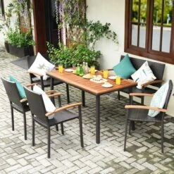 Costway 6 PCS Patio Rattan Dining Set Acacia Wood Table Stackable Chair Bench 21 Costway 6 PCS Patio Rattan Dining Set Acacia Wood Table Stackable Chair Bench -Costway GUEST 60efecc2 5afb 4598 8c15 8c6a7d59dc0b