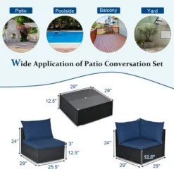 Costway 7PCS Patio Rattan Furniture Set Sectional Sofas Off White & Navy Cushion Covers -Costway GUEST 621b50b4 f1d7 4ebc 9e01 7a8dbc8e4735