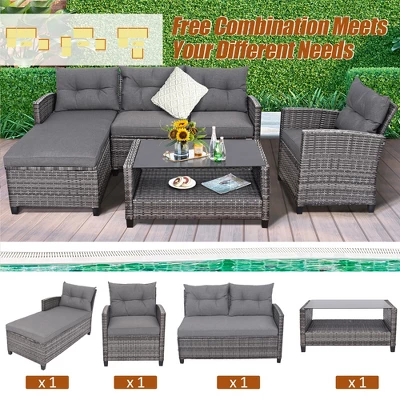 Costway 4PCS Patio Rattan Furniture Set Cushioned Loveseat Table Shelf Gray 5 Costway 4PCS Patio Rattan Furniture Set Cushioned Loveseat Table Shelf Gray - Image 3