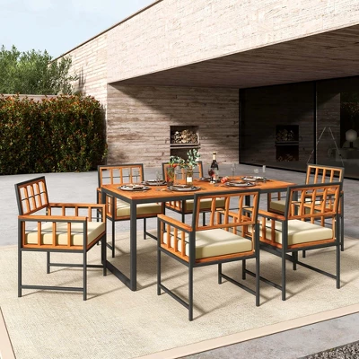 Costway 7 PCS Patio Dining Set Outdoor Acacia Wood Table With Soft Cushions Umbrella Hole 6 Costway 7 PCS Patio Dining Set Outdoor Acacia Wood Table With Soft Cushions Umbrella Hole - Image 4