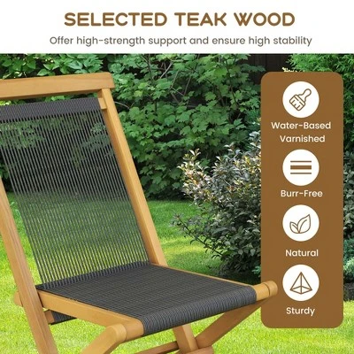 Costway 2/4 PCS Patio Folding Chairs With Woven Rope Seat & Back Indonesia Teak Wood For Porch Natural&Black 7 Costway 2/4 PCS Patio Folding Chairs With Woven Rope Seat & Back Indonesia Teak Wood For Porch Natural&Black - Image 5