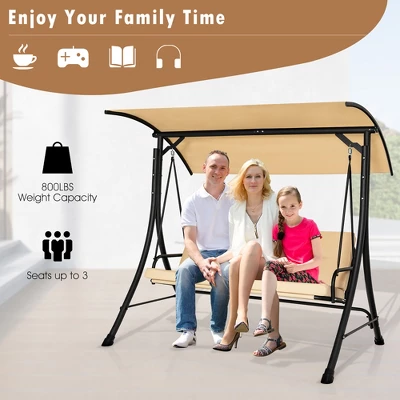 Costway 3-Seat Outdoor Porch Swing Adjustable Canopy Padded Cushions Steel Frame BeigeBlack 9 Costway 3-Seat Outdoor Porch Swing Adjustable Canopy Padded Cushions Steel Frame BeigeBlack - Image 7