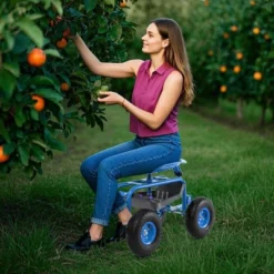 Costway Garden Cart Patio Wagon Roll Work Seat With Tray Basket Extendable Handle Blue/Red/Green