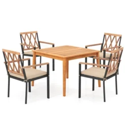 Costway 5 PCS Patio Acacia Wood Dining Set With Soft Seat Cushions Umbrella Hole For Yard