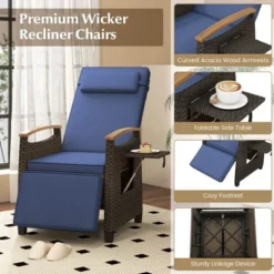 Costway 1/2 PCS Patio Wicker Recliner Chair With Adjustable Backrest Footrest Flip Side Table Navy -Costway GUEST 66afef2a 57a9 440c 8b0a 37ac25b6a68c