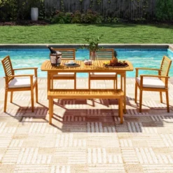 Costway 6PCS Outdoor Acacia Wood Dining Set Rectangle Dining Table With 4 Chairs & Bench -Costway GUEST 66c94f8f 555e 4d91 9b75 24950ba3e714