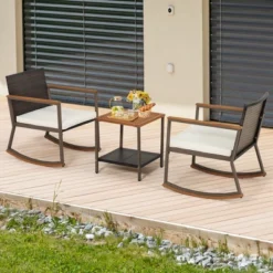 Costway 3PCS Patio Rattan Rocking Chair Bistro Set Armrest Cushion Table With Storage Shelf -Costway GUEST 67585143 9815 46a5 a63c 669e55b0016b