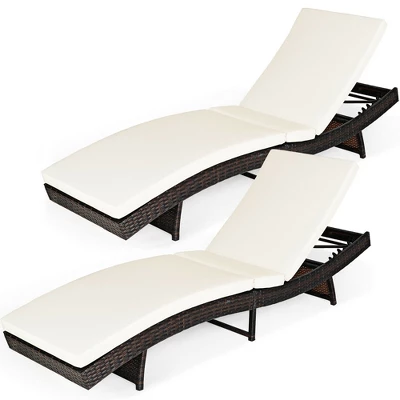 Costway 2PCS Patio Rattan Folding Lounge Chair Chaise Adjustable White Cushion 4 Costway 2PCS Patio Rattan Folding Lounge Chair Chaise Adjustable White Cushion - Image 2