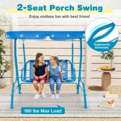 Costway 2-Seater Toddler Porch Swing Chair With Metal Stand Adjustable Canopy Safety Belts Blue/Pink/Yellow -Costway GUEST 684fc8ff 0a86 4237 97c6 80512139dfc4