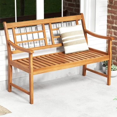 Costway Outdoor Acacia Wood Bench 2-Person Patio Bench With Slatted Seat & Backrest 5 Costway Outdoor Acacia Wood Bench 2-Person Patio Bench With Slatted Seat & Backrest - Image 3