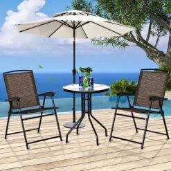 Costway 3PC Bistro Patio Garden Furniture Set 2 Folding Chairs Glass Table Top Steel -Costway GUEST 68947223 506d 4e16 b8bf c144b0384a48