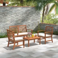 Costway 4 PCS Outdoor Furniture Set With Soft Seat Cushions Stable Acacia Wood Frame White/Navy/Gray -Costway GUEST 69304166 be69 4241 8f59 9b2ff2fb714c
