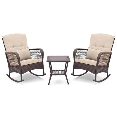 Costway 3 PCS Patio Rocker Set Outdoor Wicker Rocking Chairs With Double-Layer Coffee Table Gray/Navy/Beige/Red 11 Costway 3 PCS Patio Rocker Set Outdoor Wicker Rocking Chairs With Double-Layer Coffee Table Gray/Navy/Beige/Red - Image 9