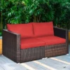 Costway 2PCS Patio Rattan Corner Sofa Sectional Furniture Set Black Cushion BlackRed