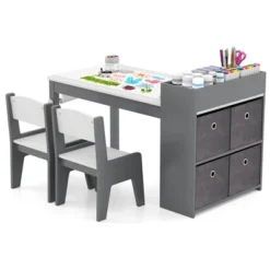 Costway Kids Art Table & Chairs Set With Paper Roll Wooden Craft Study Desk Active Play Gray/Natural -Costway GUEST 698b9ca8 e761 435c 9e7b e99016bd73b0