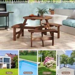 Costway 6-Person Round Picnic Table Set With 3 Built-in Benches 2" Umbrella Hole, Brown/Yellow -Costway GUEST 69b2fc67 d577 455c 88b5 26228c6763d2