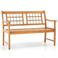 Costway Outdoor Acacia Wood Bench 2-Person Patio Bench With Slatted Seat & Backrest