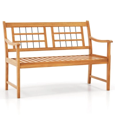 Costway Outdoor Acacia Wood Bench 2-Person Patio Bench With Slatted Seat & Backrest 3 Costway Outdoor Acacia Wood Bench 2-Person Patio Bench With Slatted Seat & Backrest
