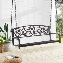 Costway 2-Person Metal Outdoor Porch Swing Hanging Patio Bench 485 Lbs Capacity BlackBrown -Costway GUEST 6a9dd632 6f15 4a23 a976 0cdc48d44077