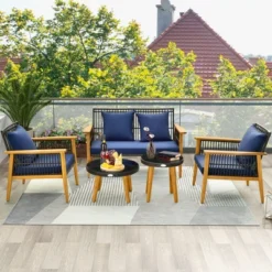 Costway 5PCS Outdoor Rattan Woven Conversation Set Stable Acacia Wood Frame For Backyard Navy/Beige -Costway GUEST 6b518c41 dd4a 413f 8c1d ee7cf14469ec