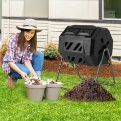 Costway 42-Gal Compost Bin Dual Chamber Composting Tumbler With 2 Sliding Doors Metal Frame Black/Green -Costway GUEST 6c3fdc0e 0907 4495 86e6 878e540a5aa7